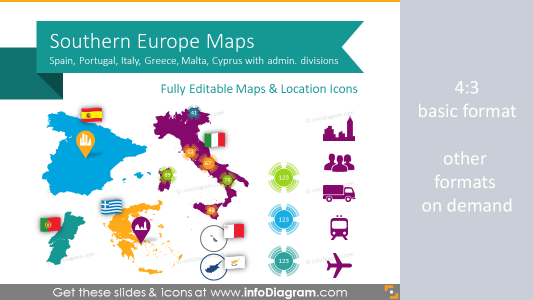 Spain Italy Maps South Europe Ppt Editable Greece Portugal Regions
