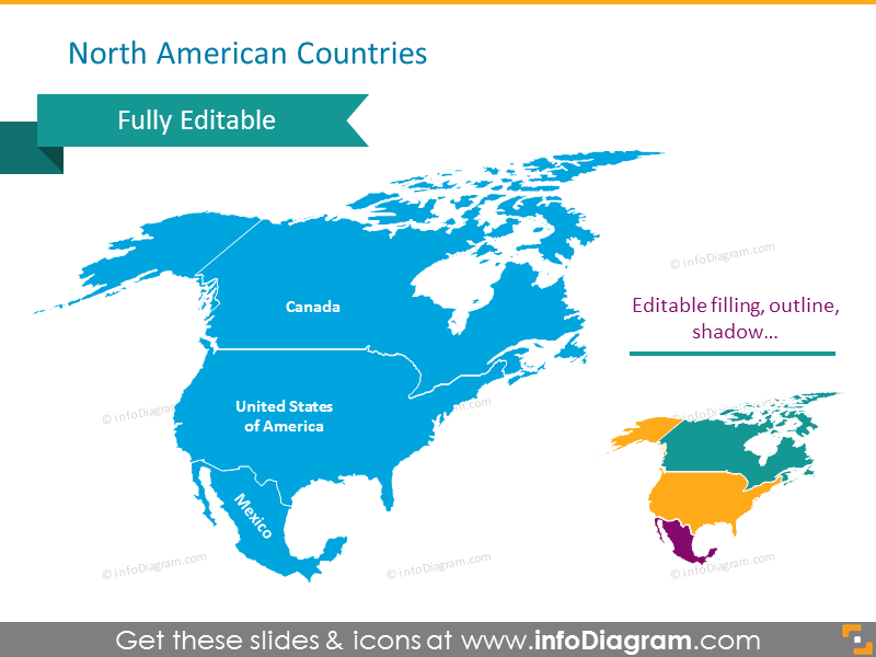 Editable Maps Icons Usa Canada Mexico North America Continent Ppt